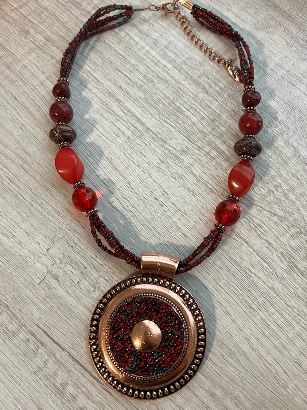 NIP Bocar Red Beaded Copper Medallion Statement Necklace